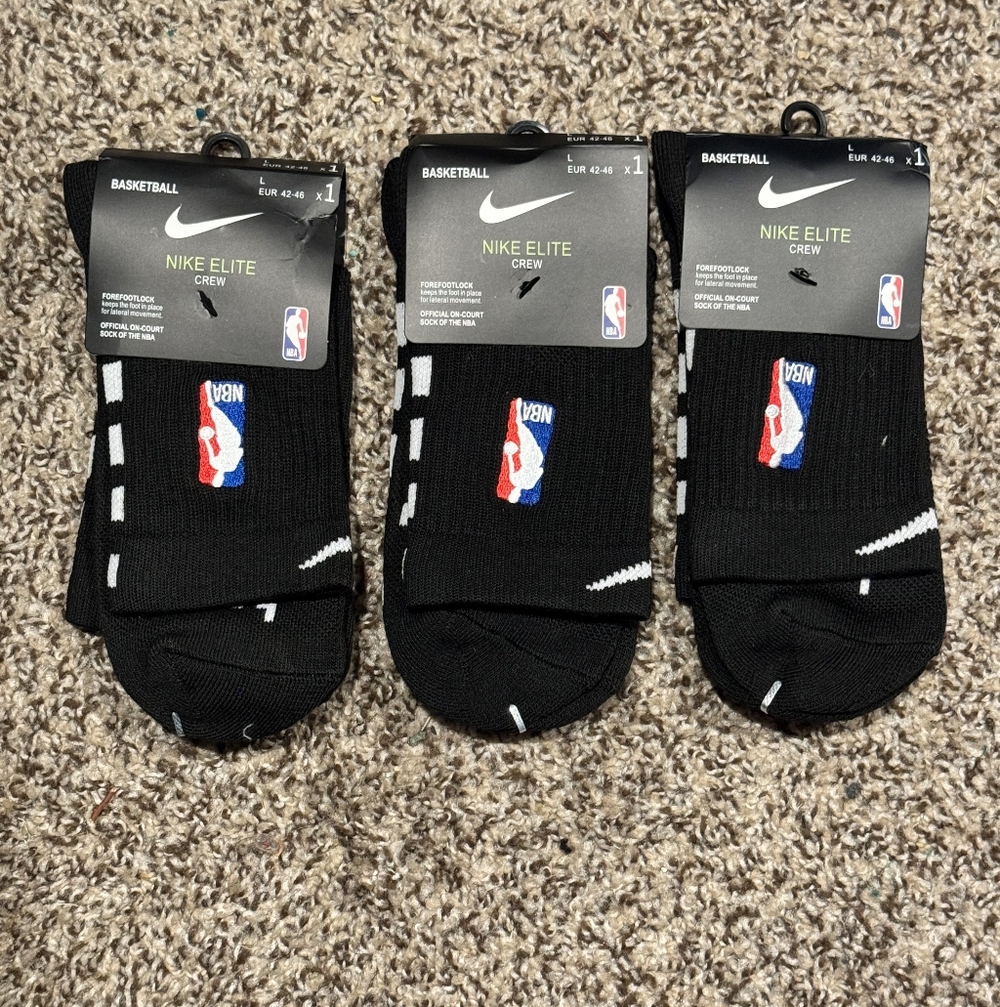 Nike Elite Quarter Athletic Crew NBA Socks DRI-FIT 3 Pair Size L Black White
